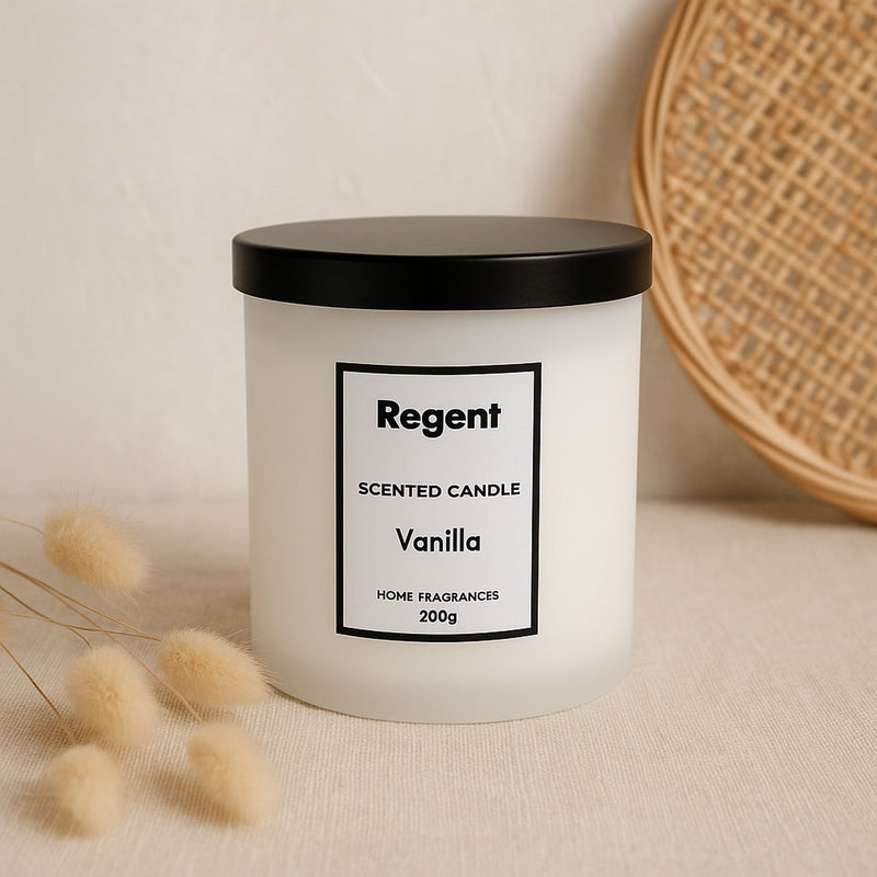 REGENT SCENTED CANDLES VANILLA IN A WHITE GLASS JAR WITH BLACK LID, 200G