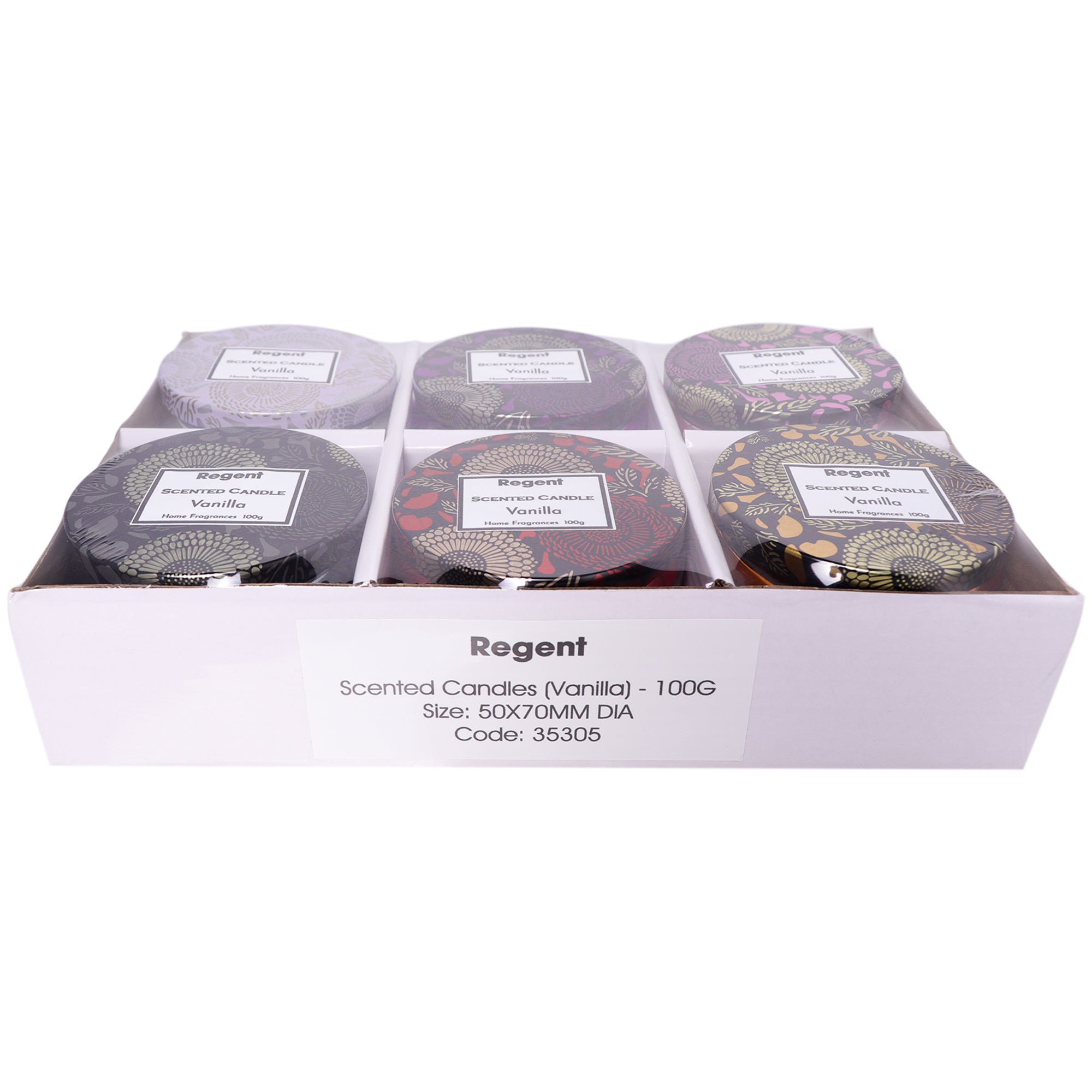 REGENT SCENTED CANDLES VANILLA IN EMBOSSED GLASS JARS, ASST. COLOURS, 100G