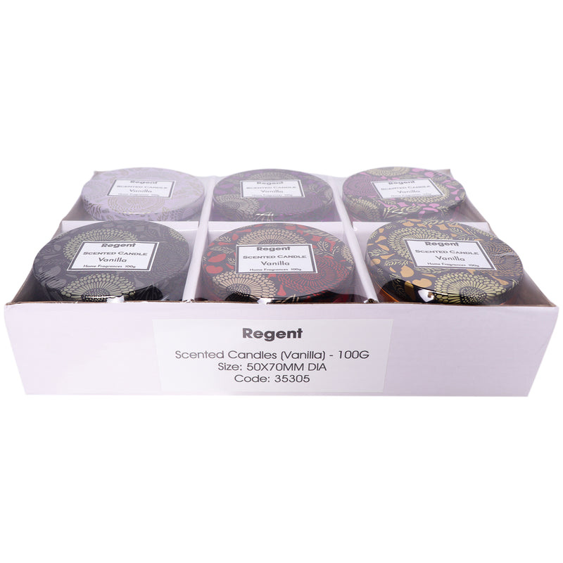 REGENT SCENTED CANDLES (VANILLA) IN EMBOSSED GLASS JARS, ASST. COLOURS, 100GR (50X70MM DIA)
