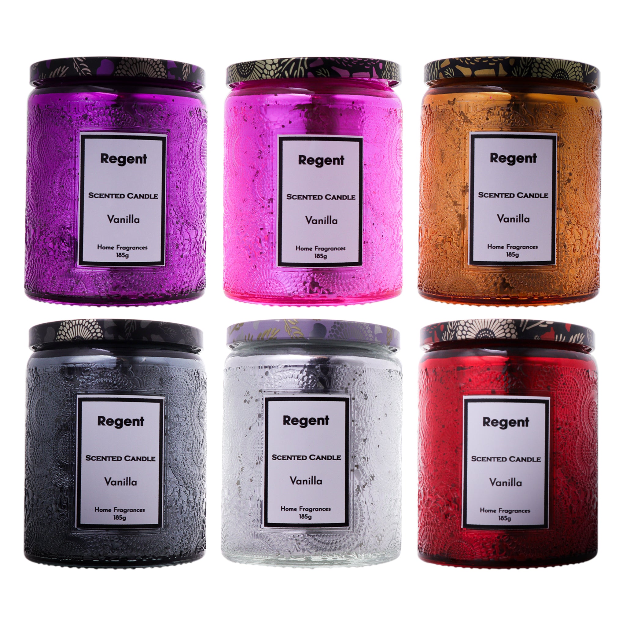 REGENT SCENTED CANDLES VANILLA IN EMBOSSED GLASS JARS, ASST. COLOURS, 185G