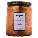 REGENT SCENTED CANDLES (VANILLA) IN EMBOSSED GLASS JARS, ASST. COLOURS, 185GR each  (90X70MM DIA)