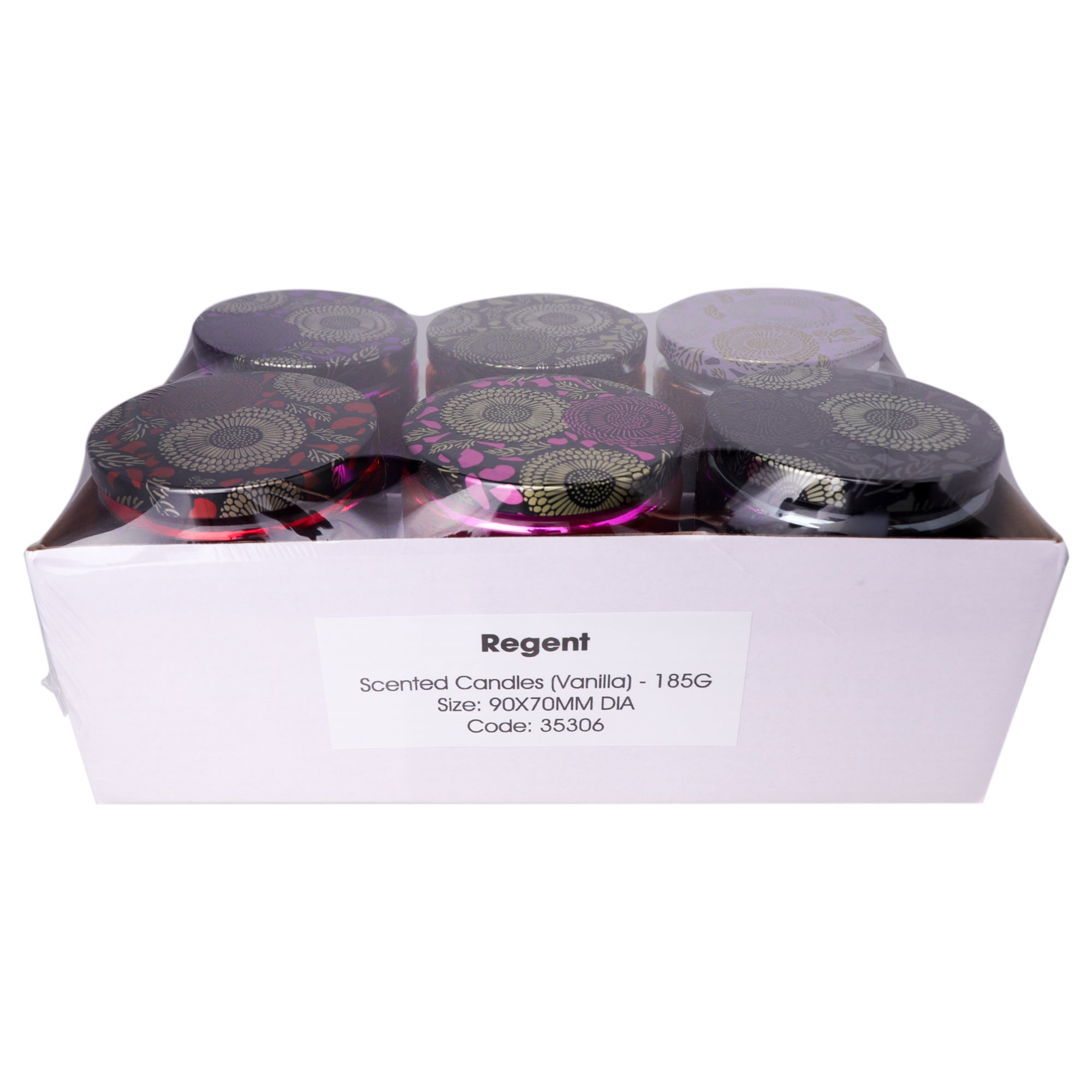 REGENT SCENTED CANDLES VANILLA IN EMBOSSED GLASS JARS, ASST. COLOURS, 185G