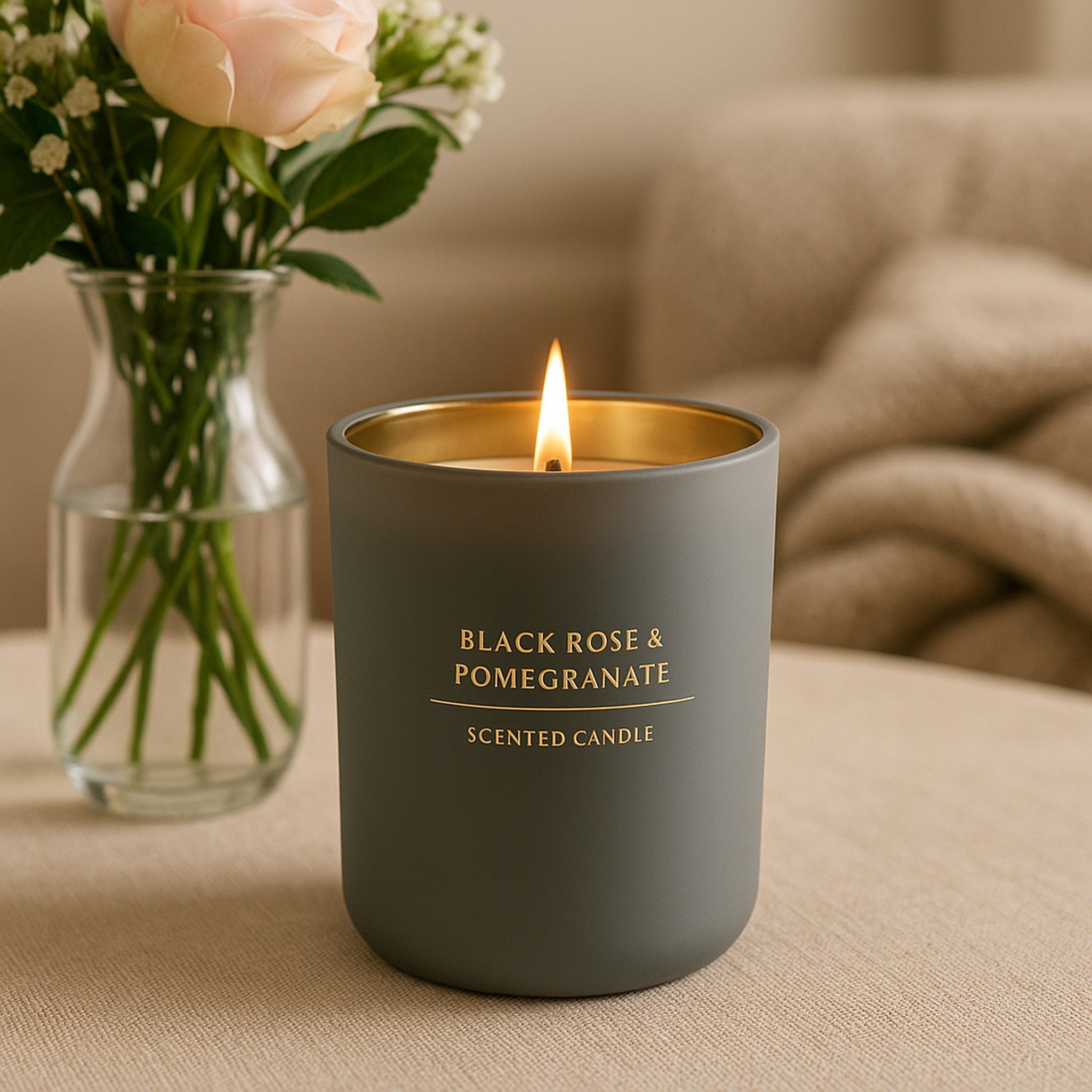 REGENT SCENTED CANDLE GREY JAR LARGE, BLACK ROSE & POMEGRANATE 210G
