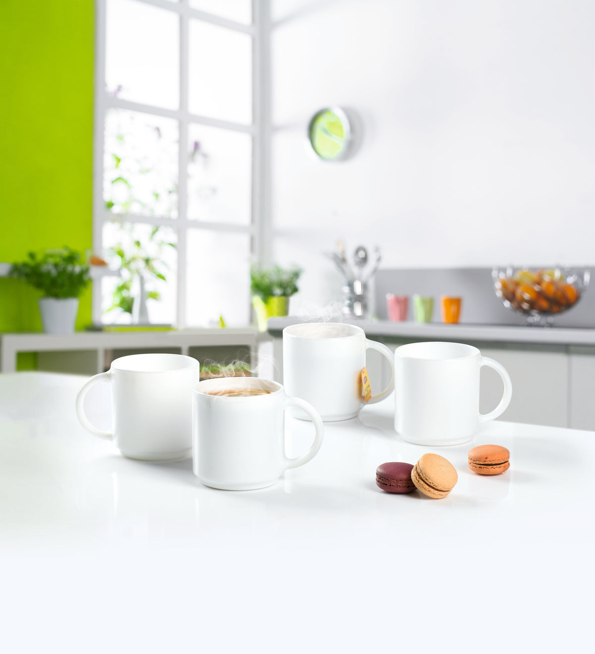 LUMINARC WHITE OPAL GLASS STACKING COFFEE MUGS 4PK, 340ML