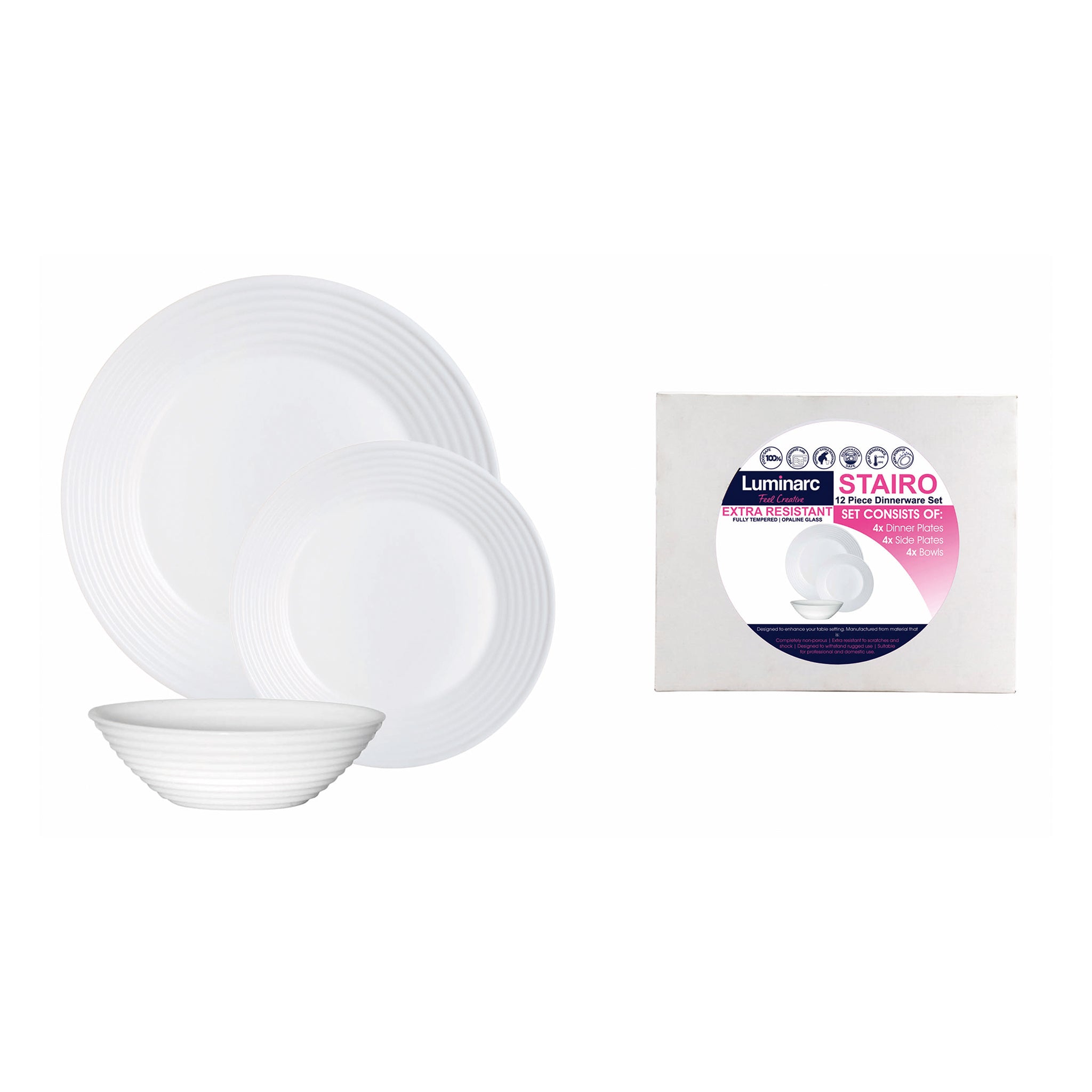 LUMINARC STAIRO WHITE OPAL DINNERWARE 12PCE SET