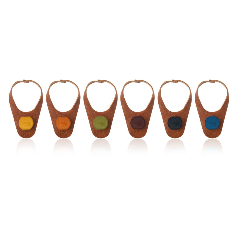 VACU VIN BEER BOTTLE MARKER & STOPPER LEATHER SET OF 6
