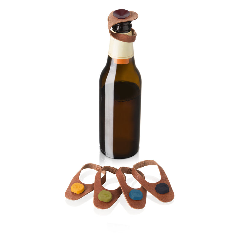 VACU VIN BEER BOTTLE MARKER & STOPPER LEATHER SET OF 6