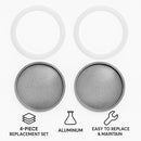 REGENT COFFEE MAKER 3 CUP REPLACEMENT FILTERS(2) & RUBBER SEALS(2) ALUMINIUM 4PK, (SEAL 55MM DIA)
