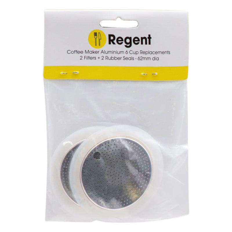 REGENT COFFEE MAKER ALUMINIUM 6 CUP REPLACEMENT FILTERS(2) & RUBBER SEALS (2) 4 PCE SET, (62MM DIA)