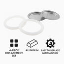 REGENT COFFEE MAKER 9 CUP REPLACEMENT FILTERS(2) & RUBBER SEALS(2) ALUMINIUM 4PK, (SEAL 73MM DIA)