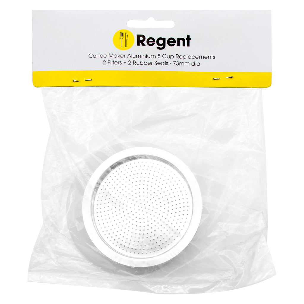 REGENT COFFEE MAKER ALUMINIUM 9 CUP REPLACEMENT FILTERS(2) & RUBBER SEALS(2) 4 PCE SET, (73MM DIA)