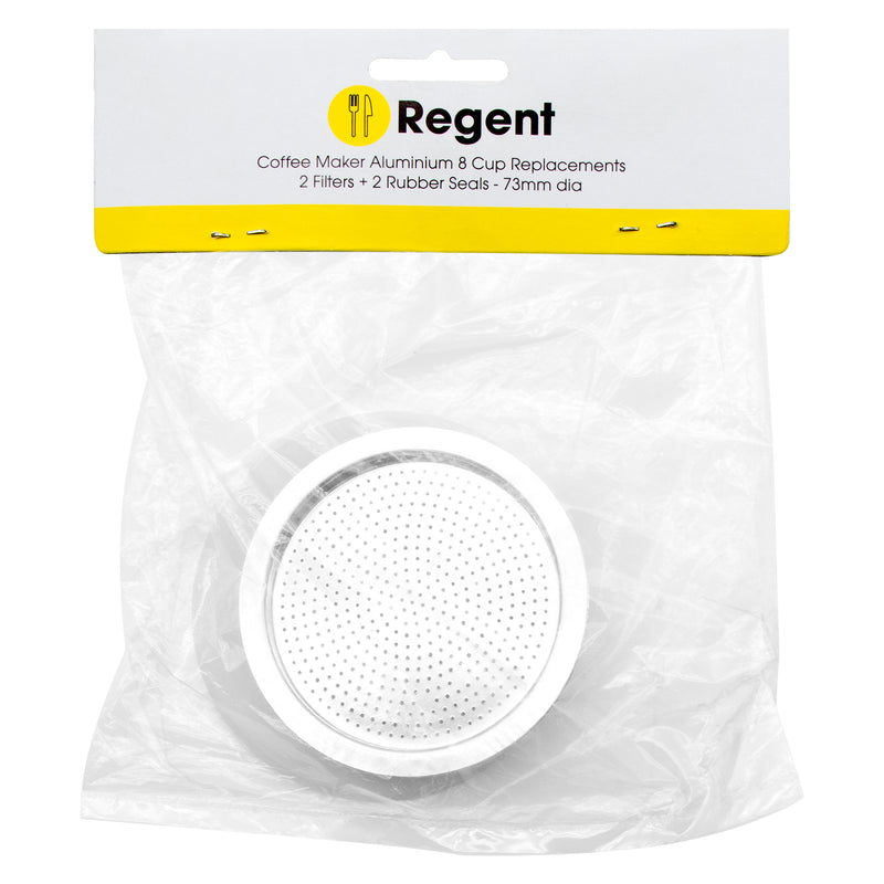 REGENT COFFEE MAKER ALUMINIUM 9 CUP REPLACEMENT FILTERS(2) & RUBBER SEALS(2) 4 PCE SET, (73MM DIA)