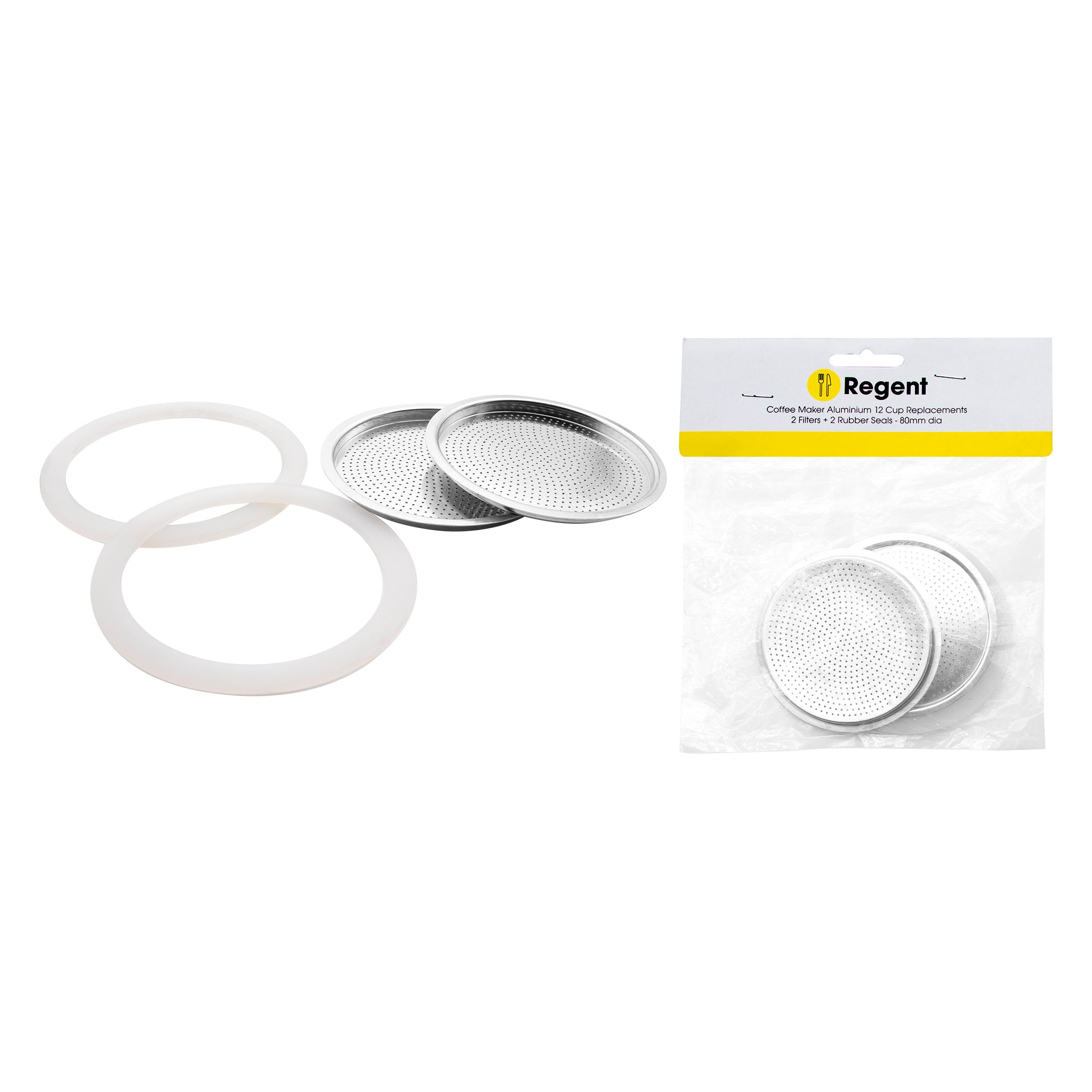 REGENT COFFEE MAKER 12 CUP REPLACEMENT FILTERS(2) & RUBBER SEALS(2) ALUMINIUM 4PK, (SEAL 80MM DIA)