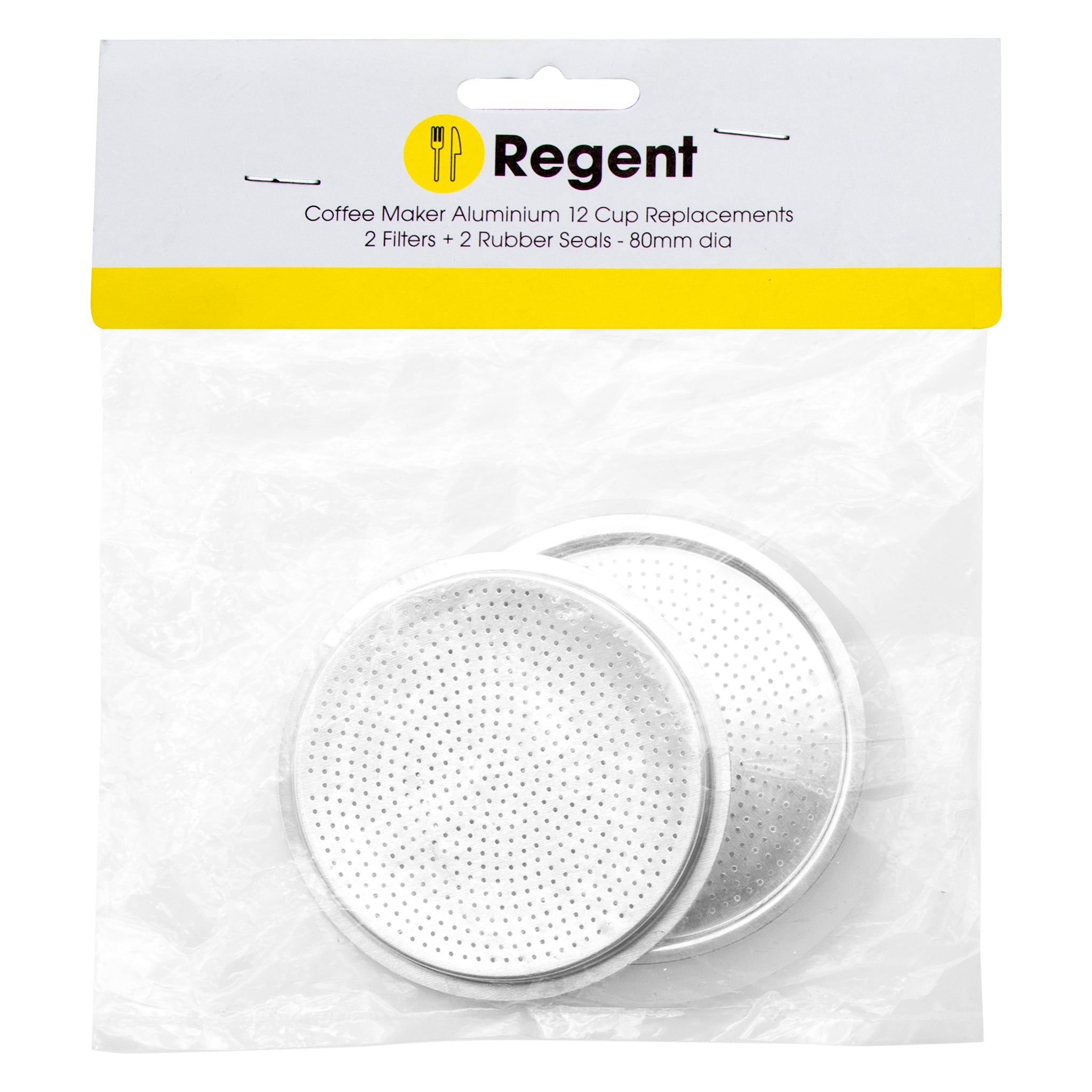 REGENT COFFEE MAKER 12 CUP REPLACEMENT FILTERS(2) & RUBBER SEALS(2) ALUMINIUM 4PK, (SEAL 80MM DIA)