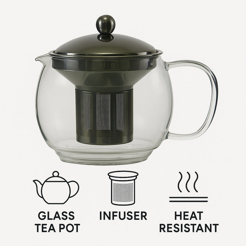 REGENT 'TEA TIME' BOROSILICATE GLASS TEAPOT WITH ST. STEEL INFUSER & LID, 1.1L