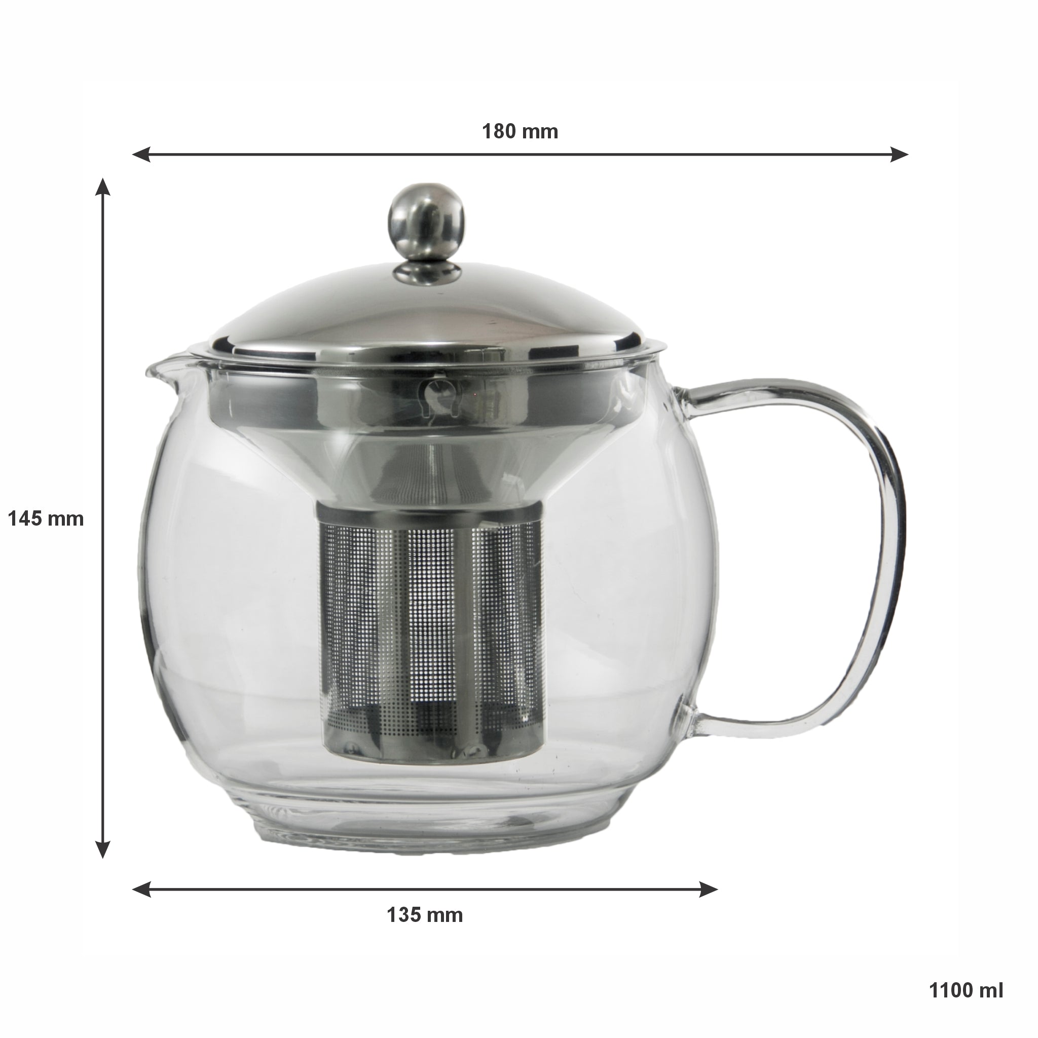 REGENT 'TEA TIME' BOROSILICATE GLASS TEAPOT WITH ST. STEEL INFUSER & LID, 1.1L