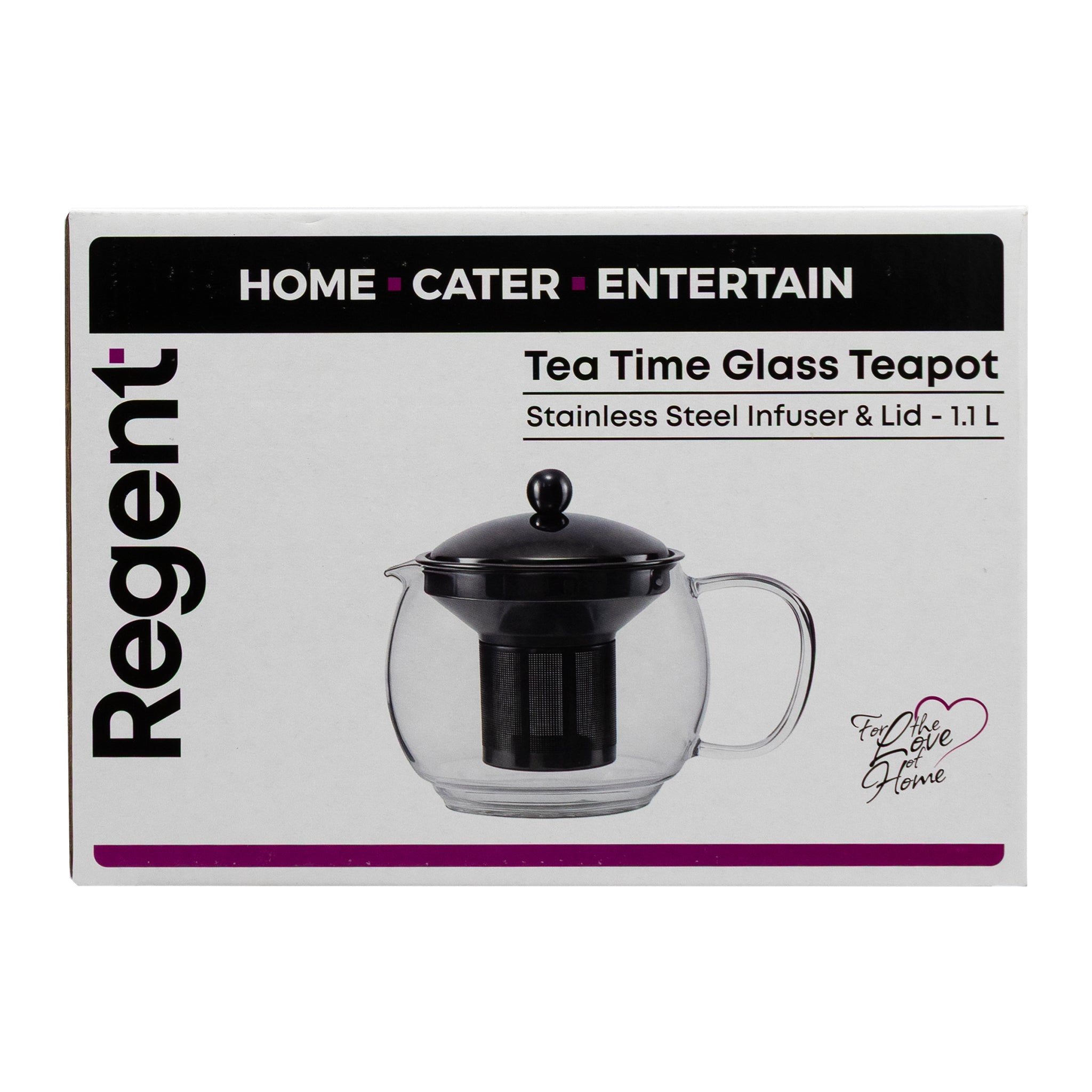 REGENT 'TEA TIME' BOROSILICATE GLASS TEAPOT WITH ST. STEEL INFUSER & LID, 1.1L