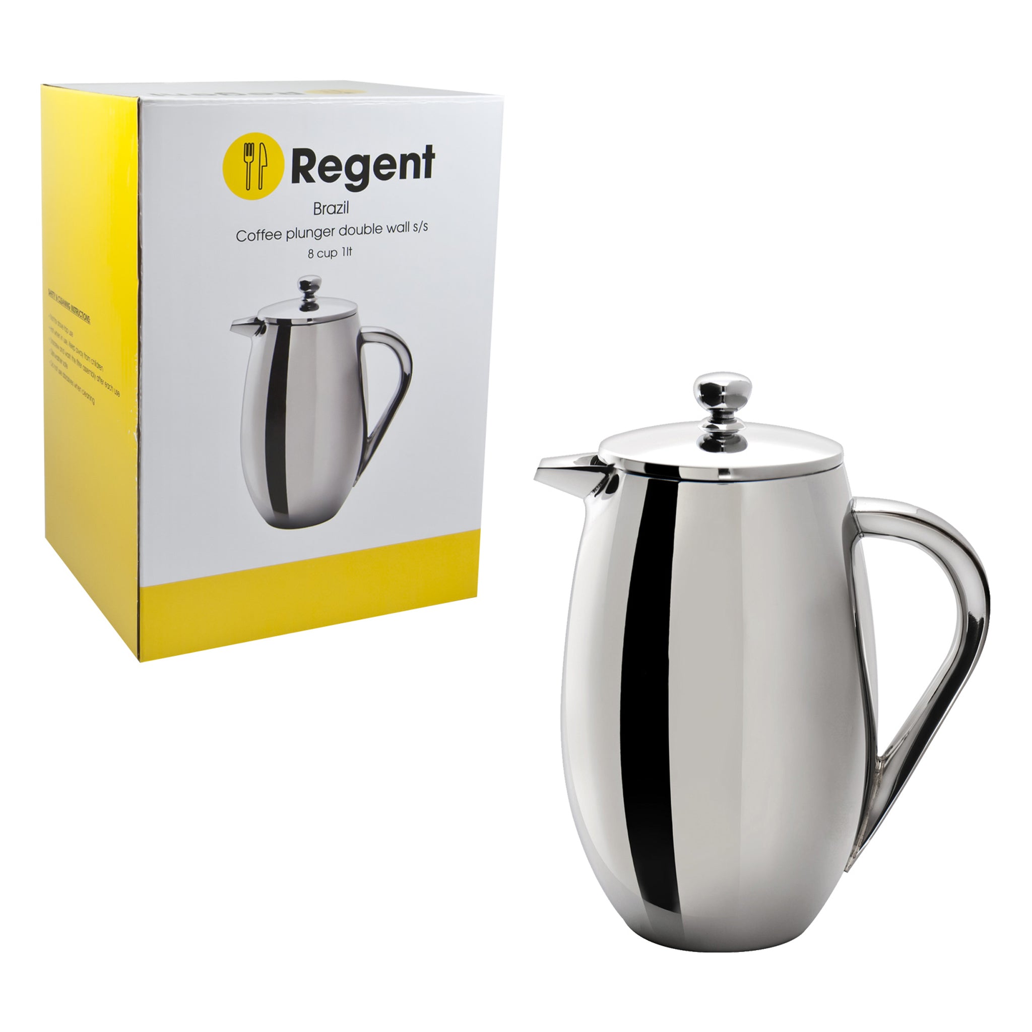 REGENT BRAZIL COFFEE PLUNGER DOUBLE WALL ST STEEL 8 CUP, 1L