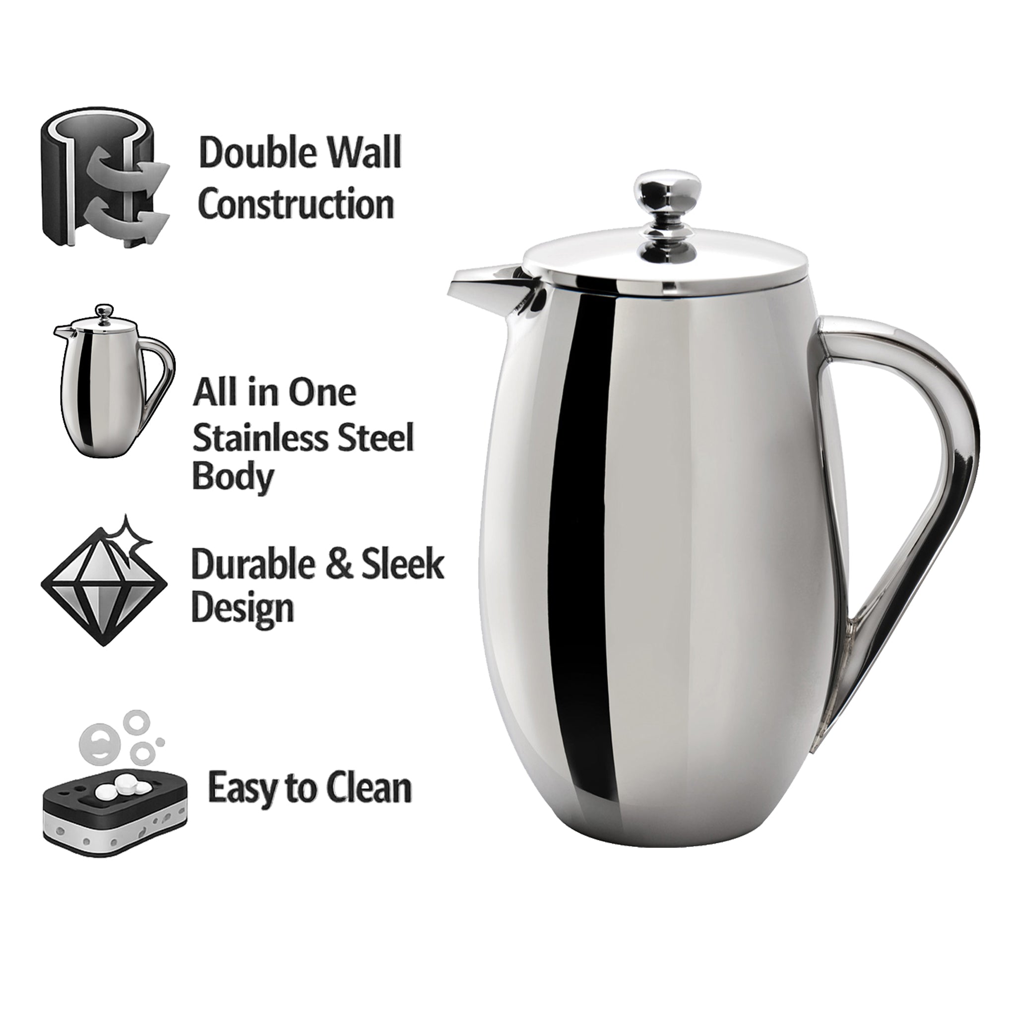 REGENT BRAZIL COFFEE PLUNGER DOUBLE WALL ST STEEL 8 CUP, 1L