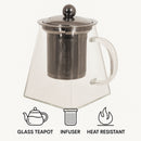 REGENT SQUARE TEAPOT BOROSILICATE GLASS WITH ST. STEEL INFUSER AND LID, 550ML