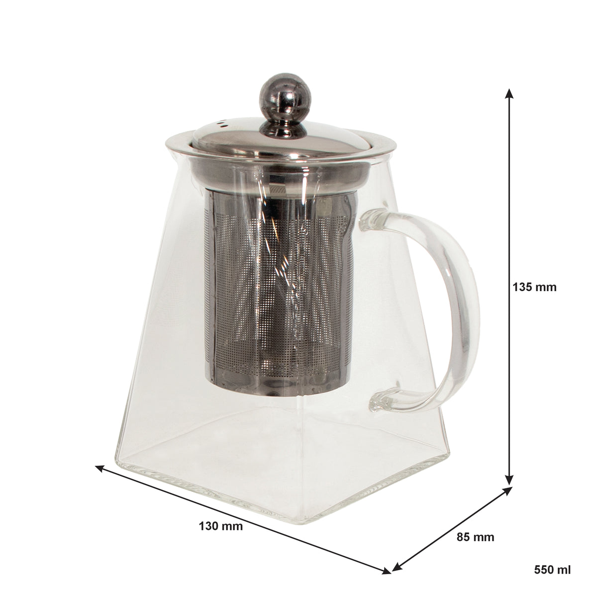 REGENT SQUARE TEAPOT BOROSILICATE GLASS WITH ST. STEEL INFUSER AND LID, 550ML