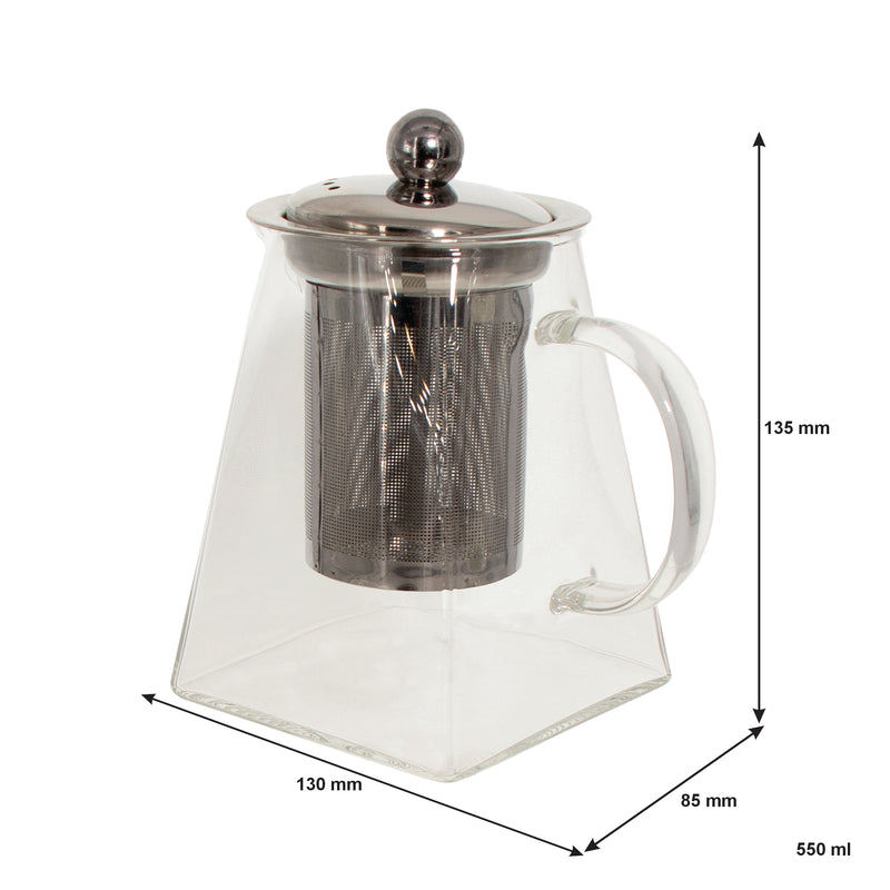 REGENT SQUARE TEAPOT BOROSILICATE GLASS WITH ST. STEEL INFUSER AND LID, 550ML