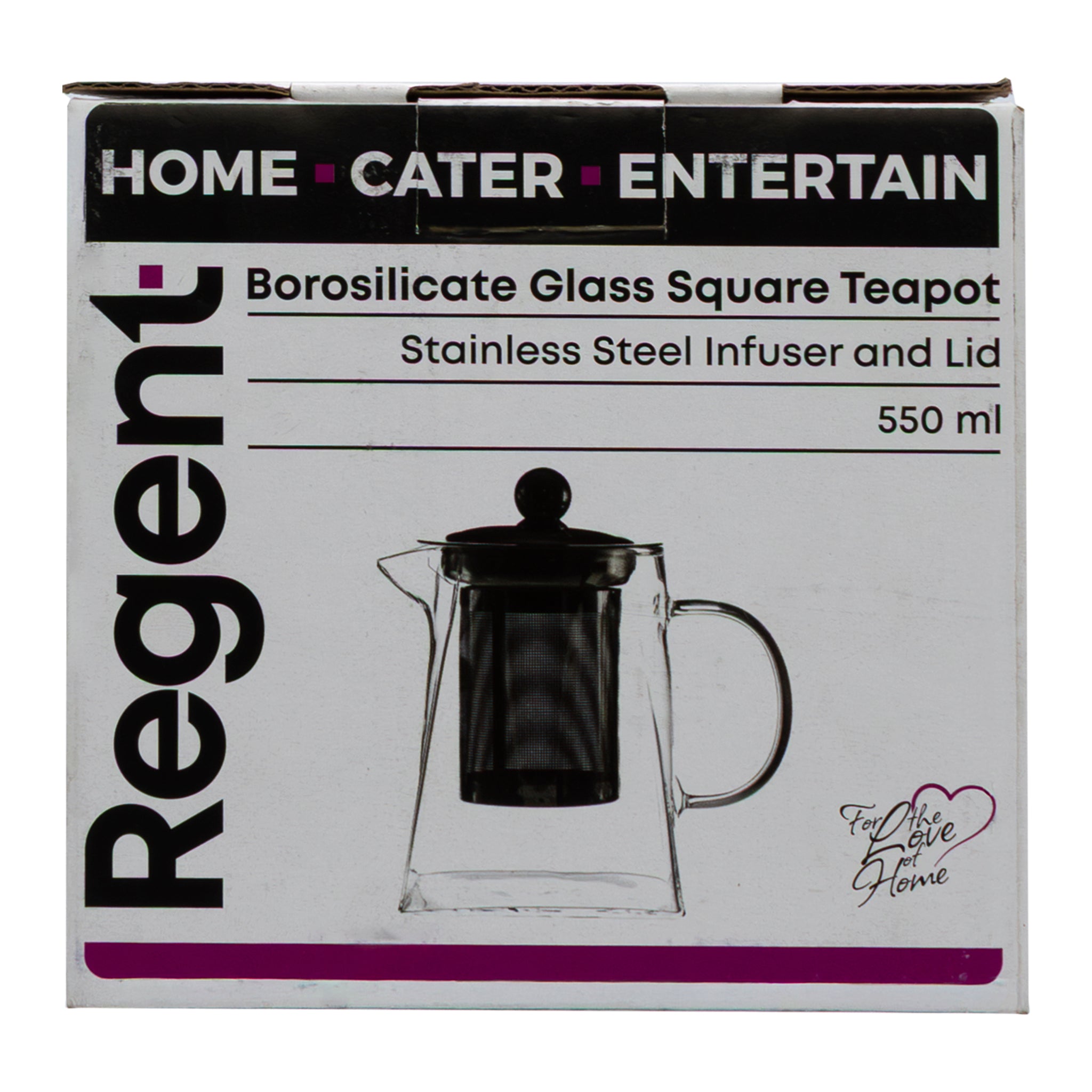 REGENT SQUARE TEAPOT BOROSILICATE GLASS WITH ST. STEEL INFUSER AND LID, 550ML