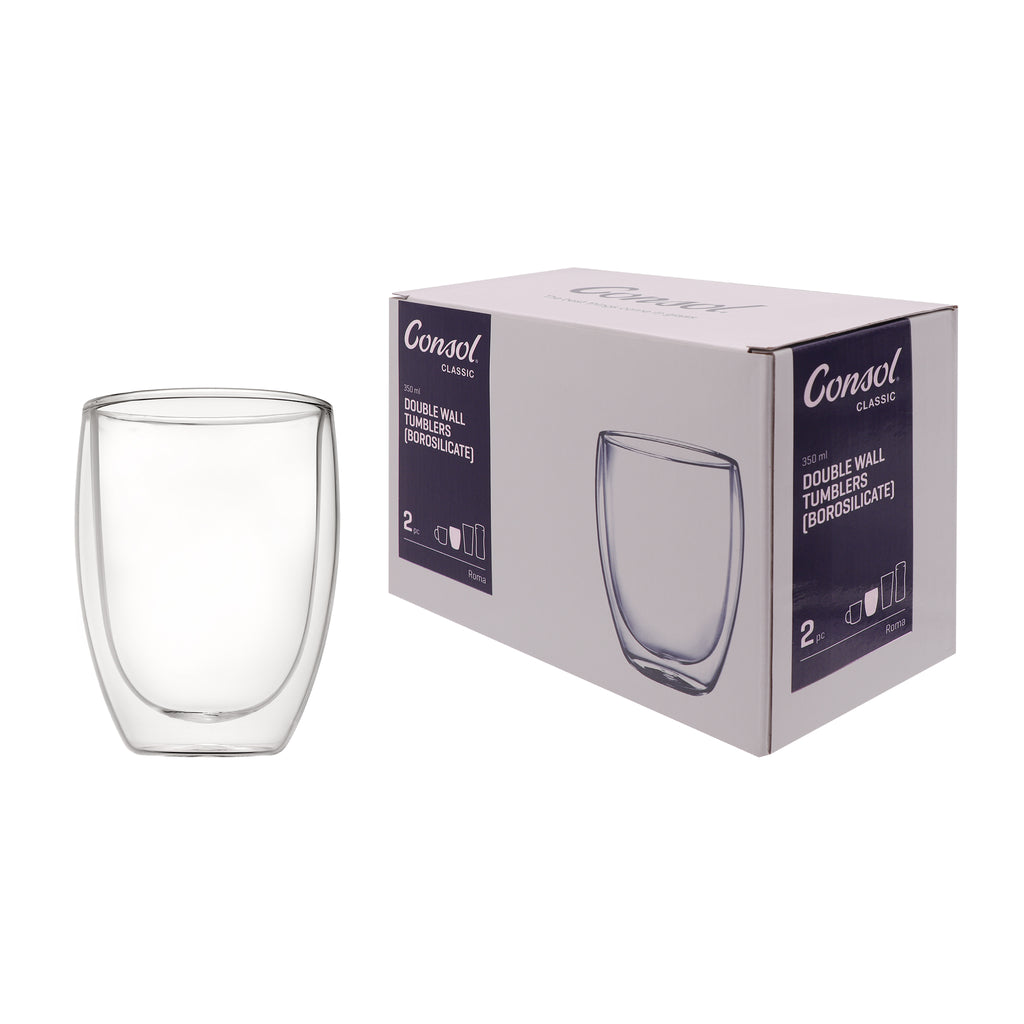 CONSOL ROMA DOUBLE WALL BOROSILICATE GLASS TEA/COFFEE CUP 2PK, 350ML