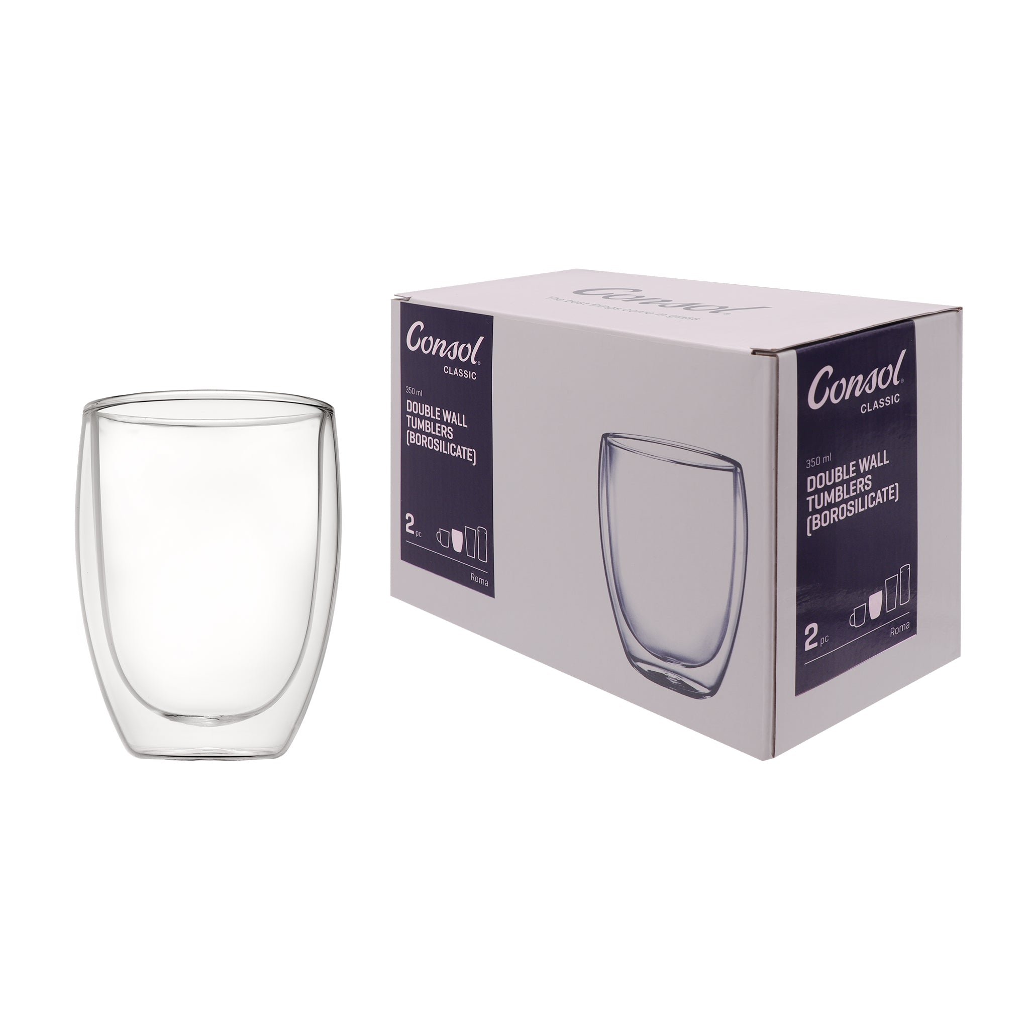 CONSOL ROMA DOUBLE WALL BOROSILICATE GLASS TEA/COFFEE CUP 2PK, 350ML