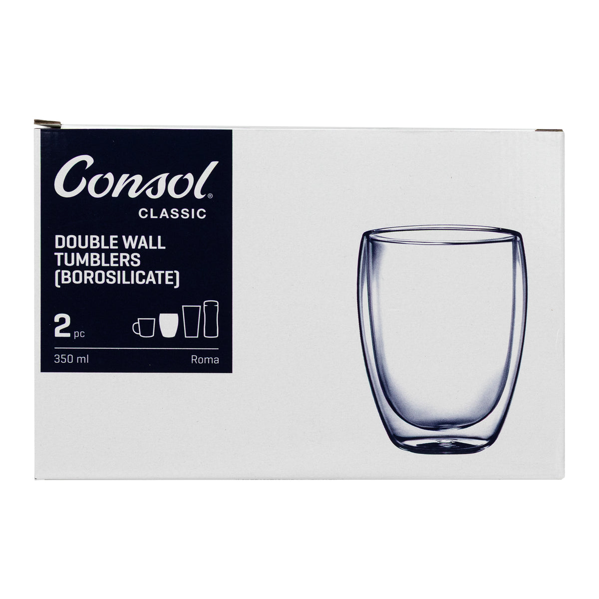 CONSOL ROMA DOUBLE WALL BOROSILICATE GLASS TEA/COFFEE CUP 2PK, 350ML