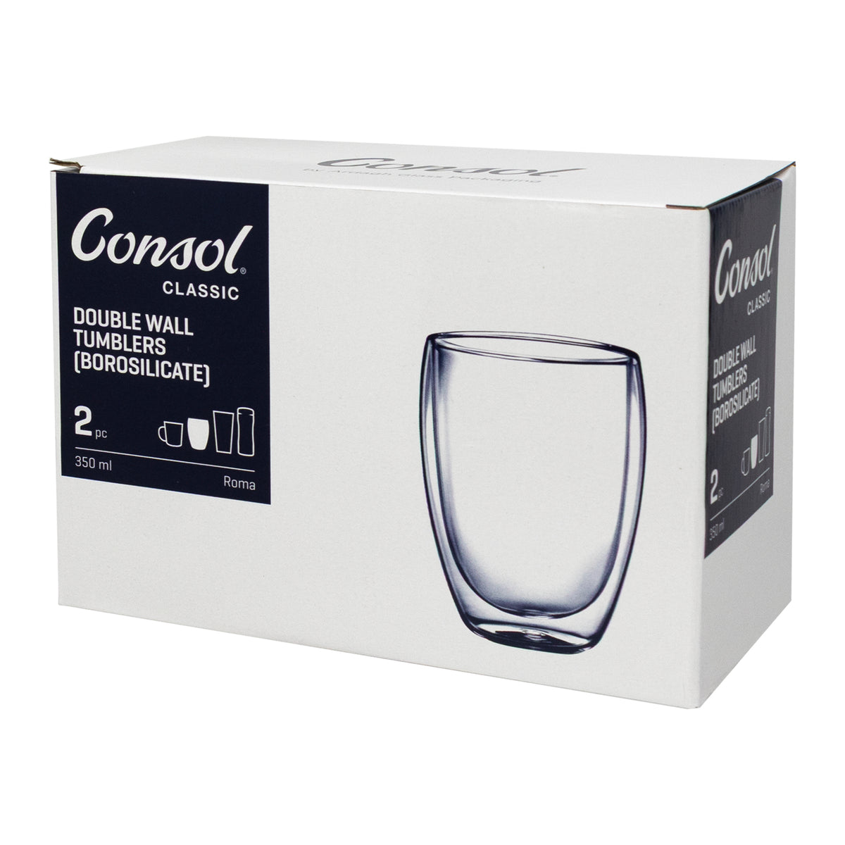 CONSOL ROMA DOUBLE WALL BOROSILICATE GLASS TEA/COFFEE CUP 2PK, 350ML