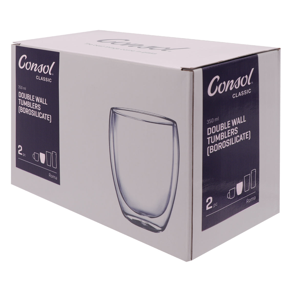 CONSOL ROMA DOUBLE WALL BOROSILICATE GLASS TEA/COFFEE CUP 2PK, 350ML