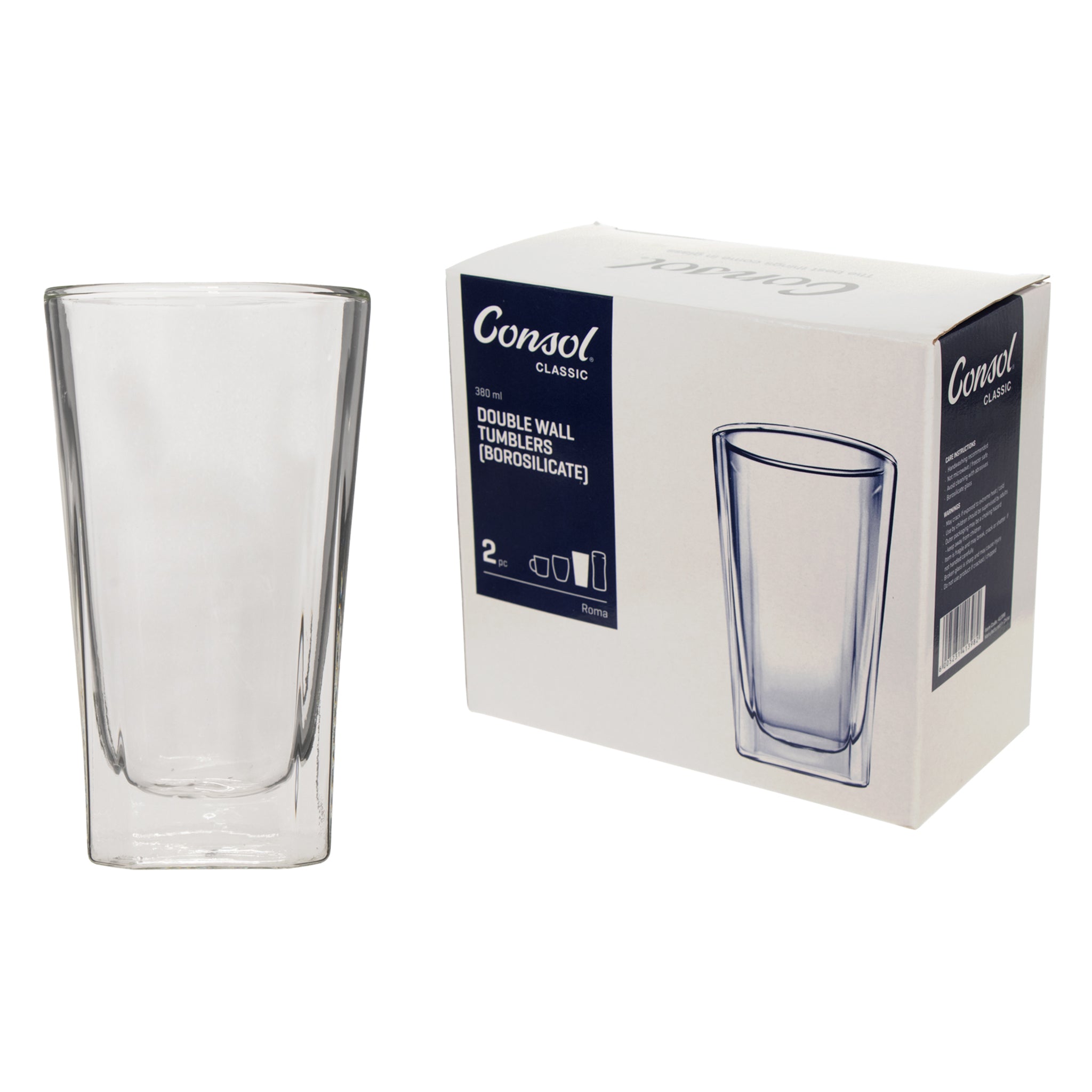 CONSOL ROMA DOUBLE WALL SQUARE BOROSILICATE GLASS TEA/COFFEE CUP 2PK, 380ML