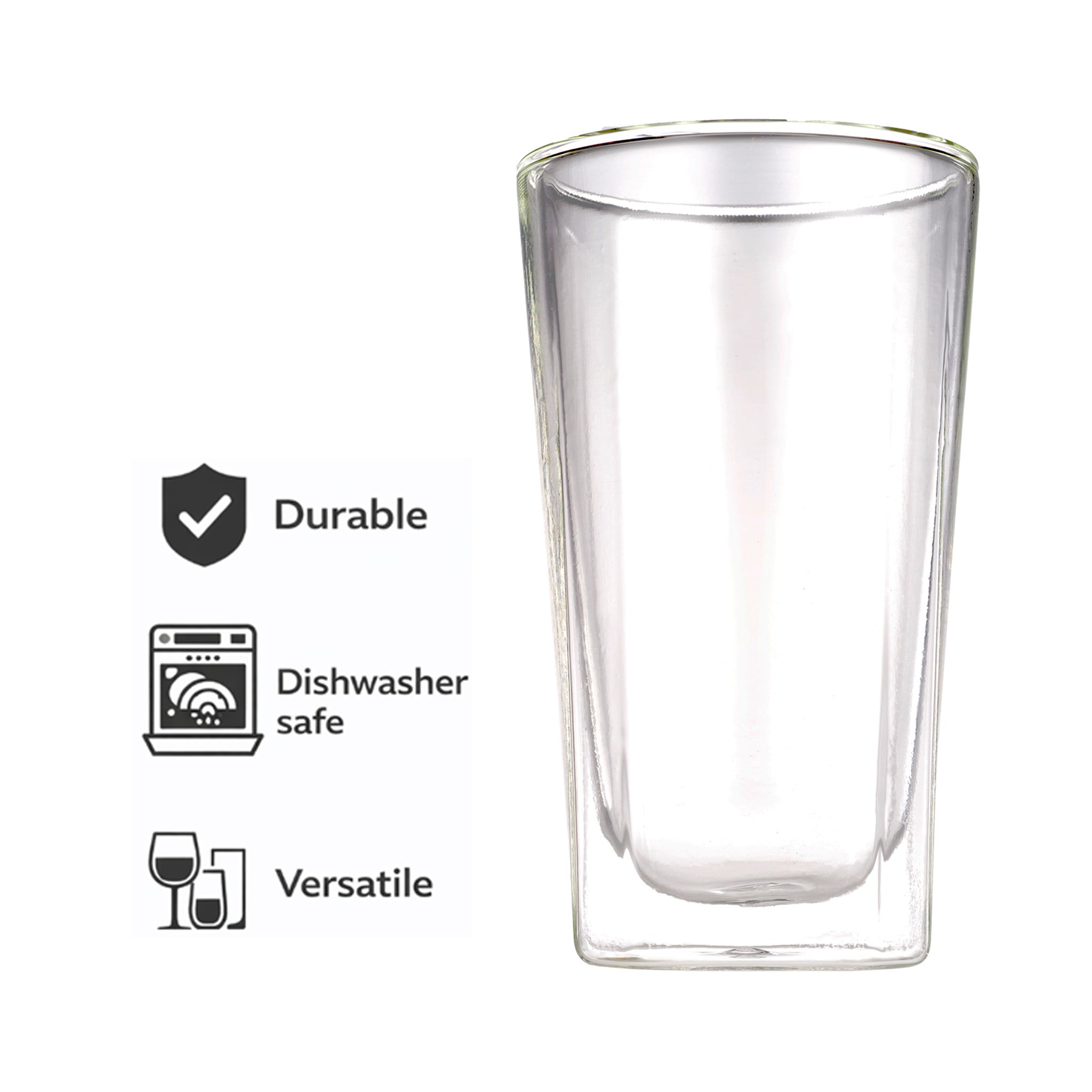 CONSOL ROMA DOUBLE WALL SQUARE BOROSILICATE GLASS TEA/COFFEE CUP 2PK, 380ML