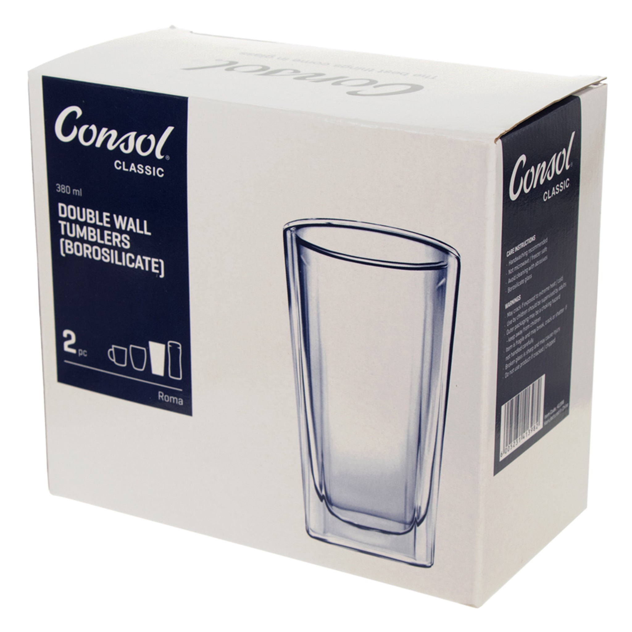 CONSOL ROMA DOUBLE WALL SQUARE BOROSILICATE GLASS TEA/COFFEE CUP 2PK, 380ML