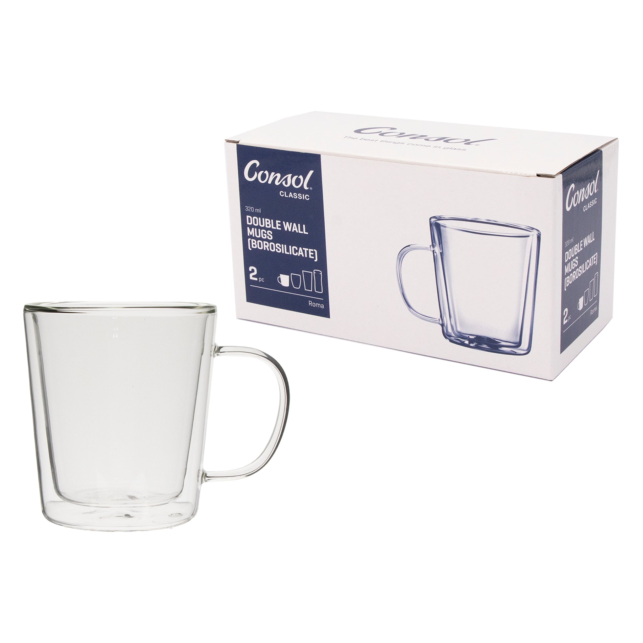 CONSOL ROMA DOUBLE WALL BOROSILICATE GLASS TEA/COFFEE MUG 2PK, 320ML