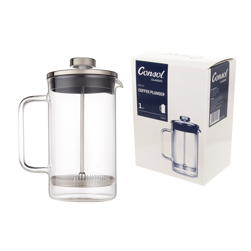 CONSOL CADIZ BOROSILICATE GLASS COFFEE PLUNGER WITH S/STEEL LID AND KNOB, (600ML)