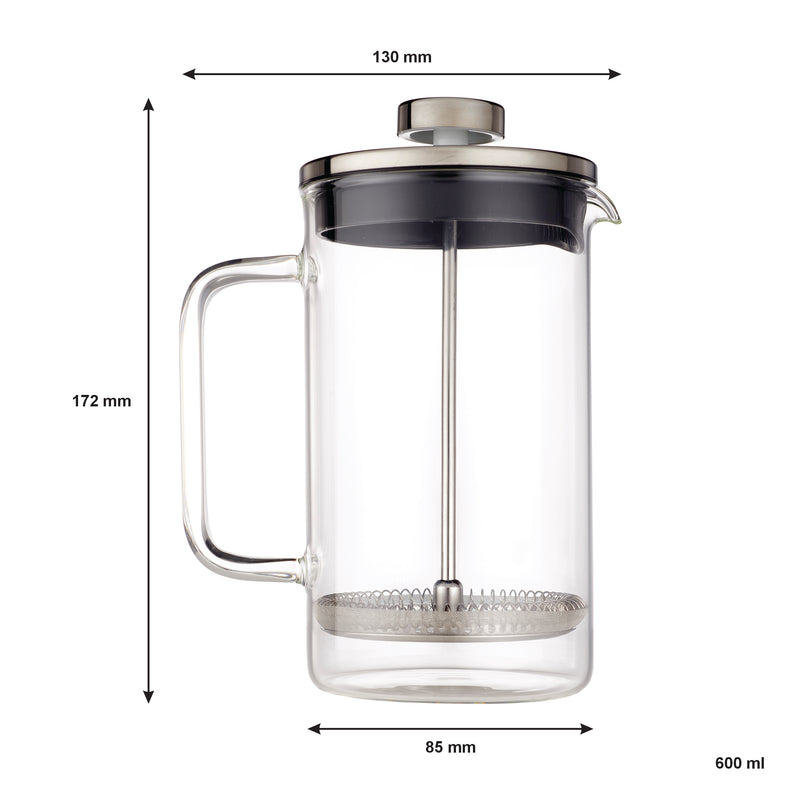 CONSOL CADIZ BOROSILICATE GLASS COFFEE PLUNGER WITH S/STEEL LID AND KNOB, (600ML)