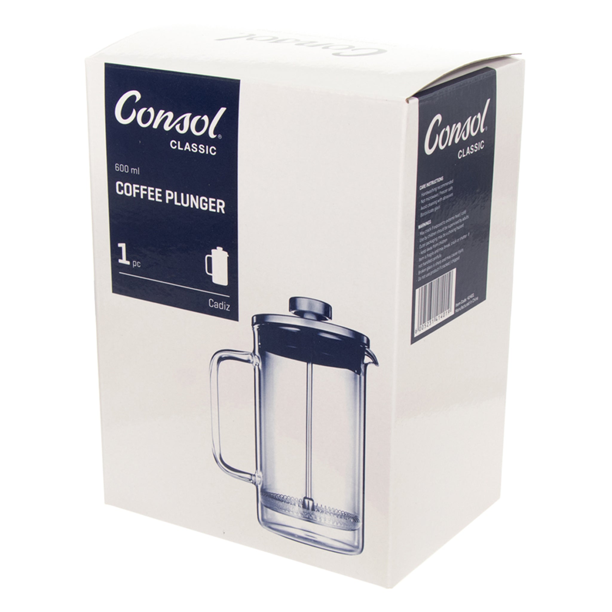 CONSOL CADIZ BOROSILICATE GLASS COFFEE PLUNGER, 600ML