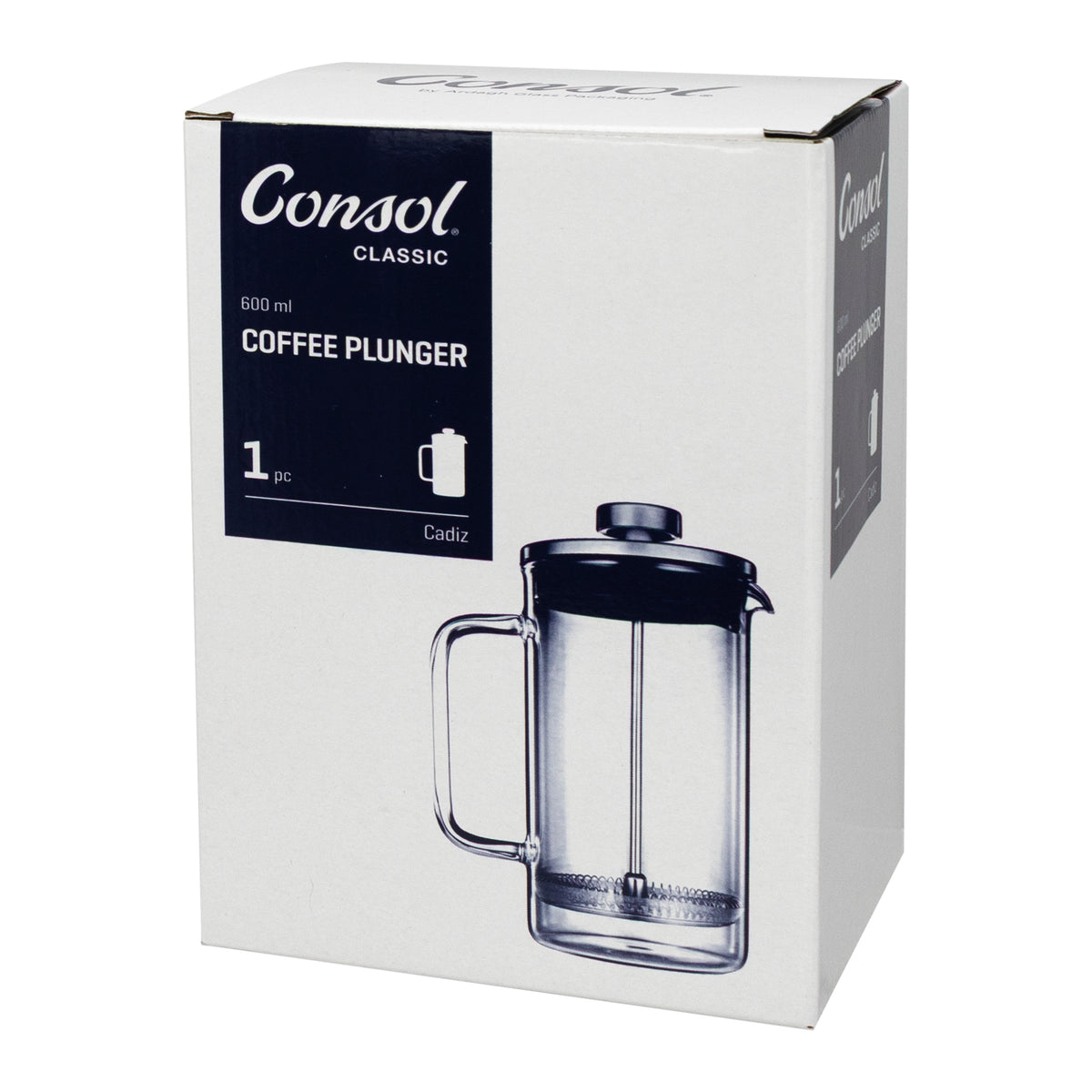 CONSOL CADIZ BOROSILICATE GLASS COFFEE PLUNGER, 600ML