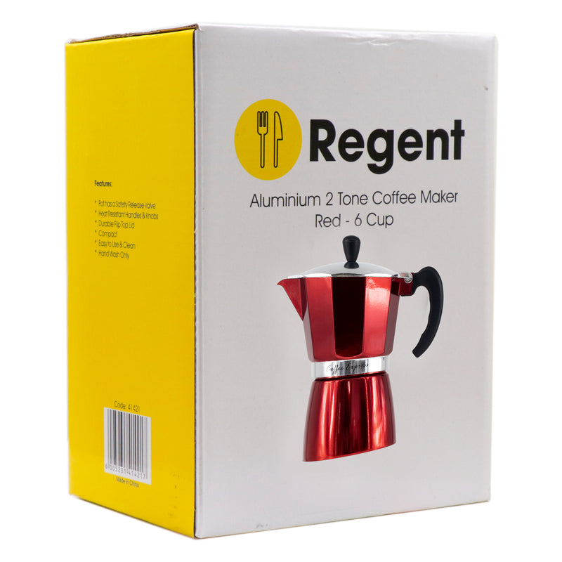 REGENT COFFEE MAKER ALUMINIUM 2 TONE RED & SILVER 6 CUP, (275ML)