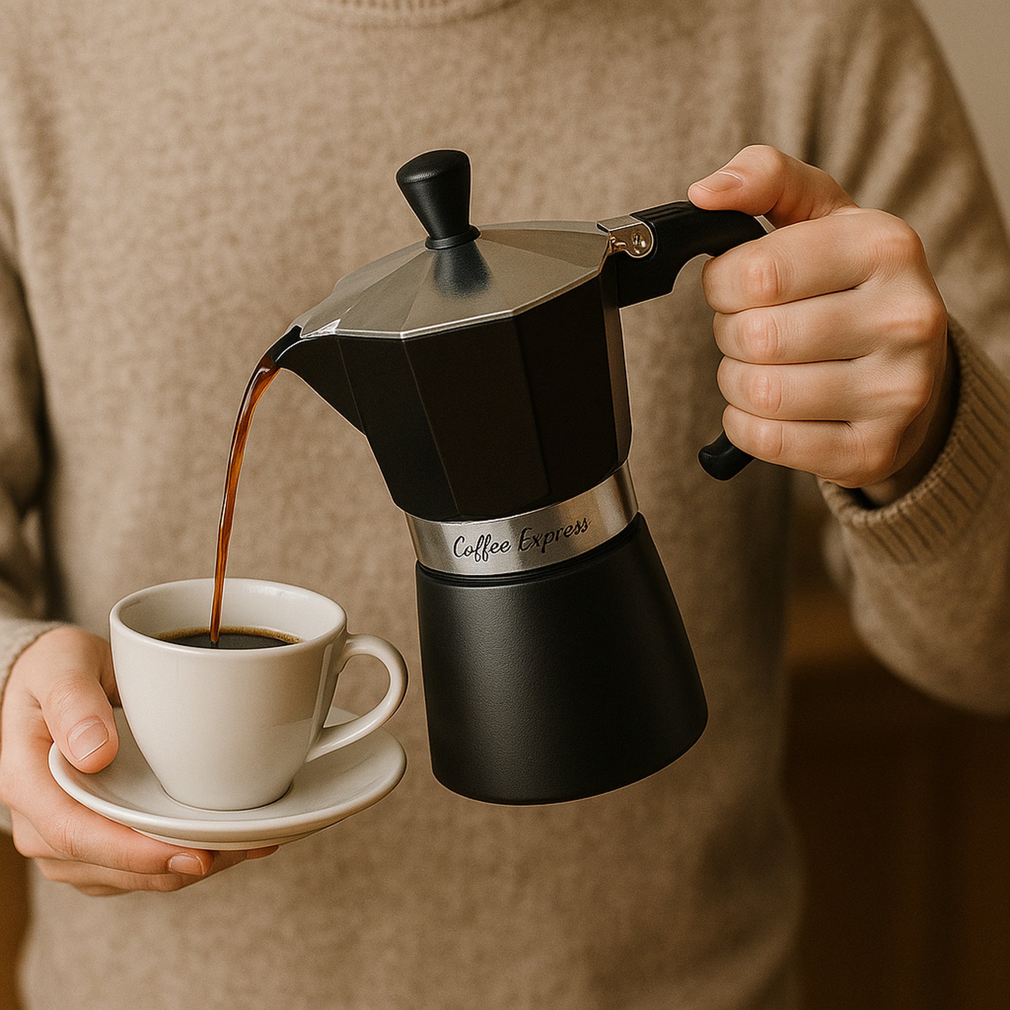 REGENT COFFEE MAKER ALUMINIUM 2 TONE MATT BLACK WITH SILVER 3 CUP, 150ML