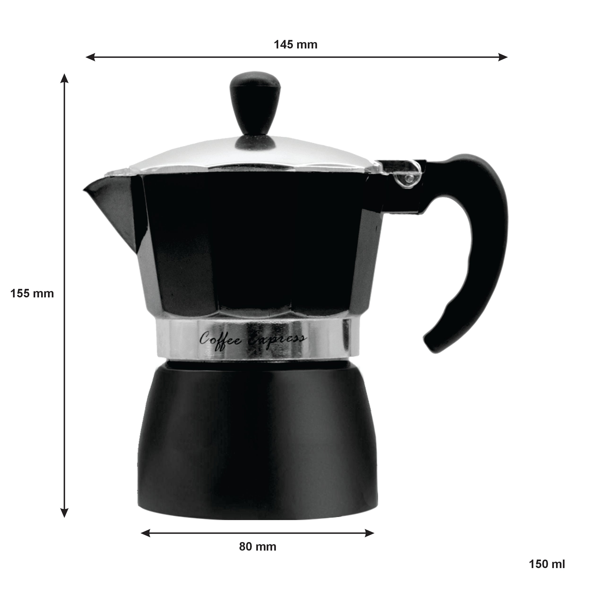 REGENT COFFEE MAKER ALUMINIUM 2 TONE MATT BLACK WITH SILVER 3 CUP, 150ML