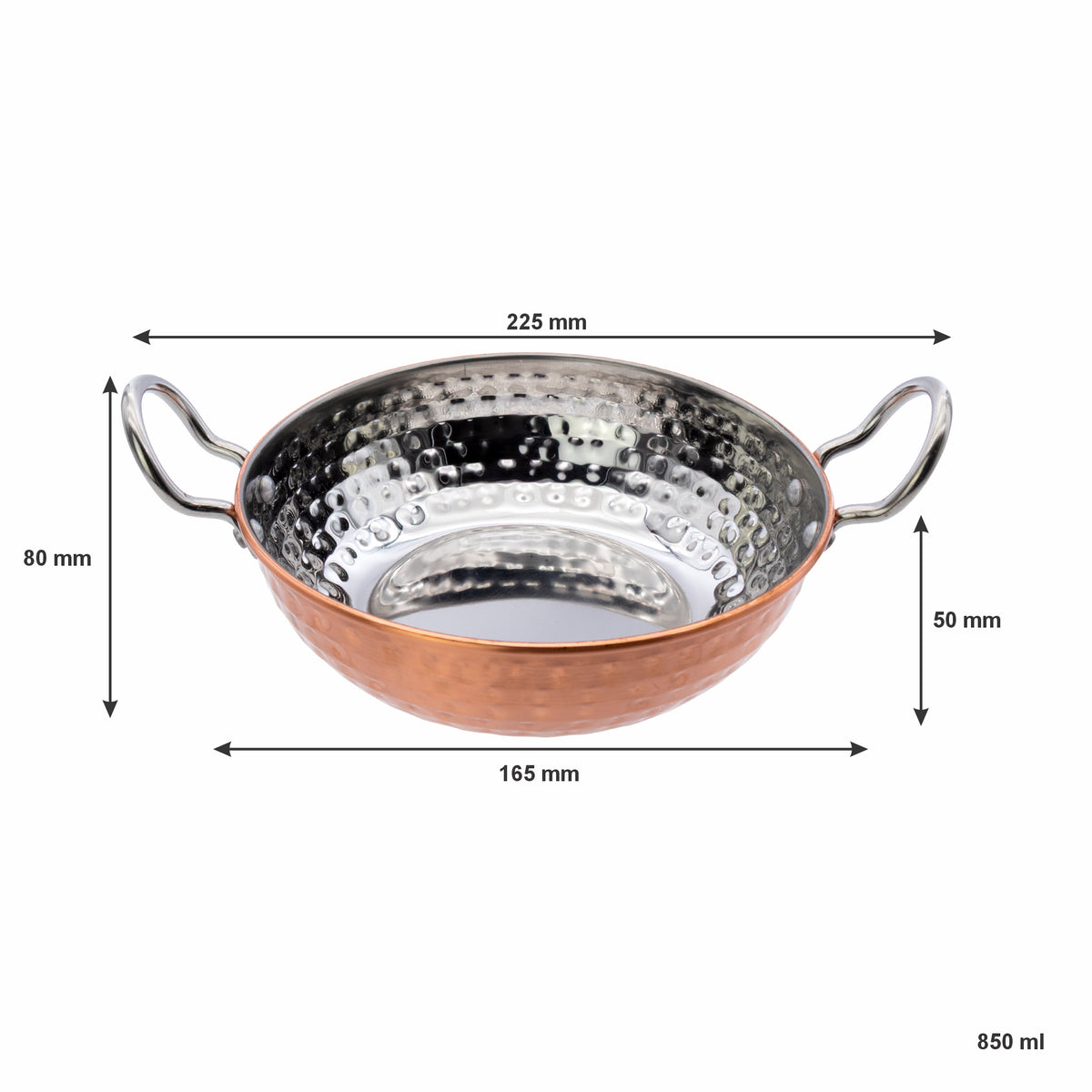 REGENT COOKWARE KARAHI PAN HAMMERED ST STEEL COPPER PLATED, 850ML - 165MM DIAX50MM
