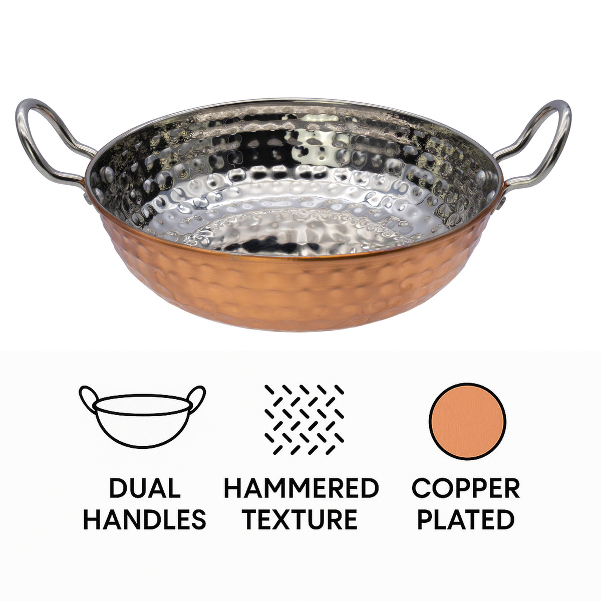 REGENT COOKWARE KARAHI PAN HAMMERED ST STEEL COPPER PLATED, 1.2L - 245/185MM DIAX55MM