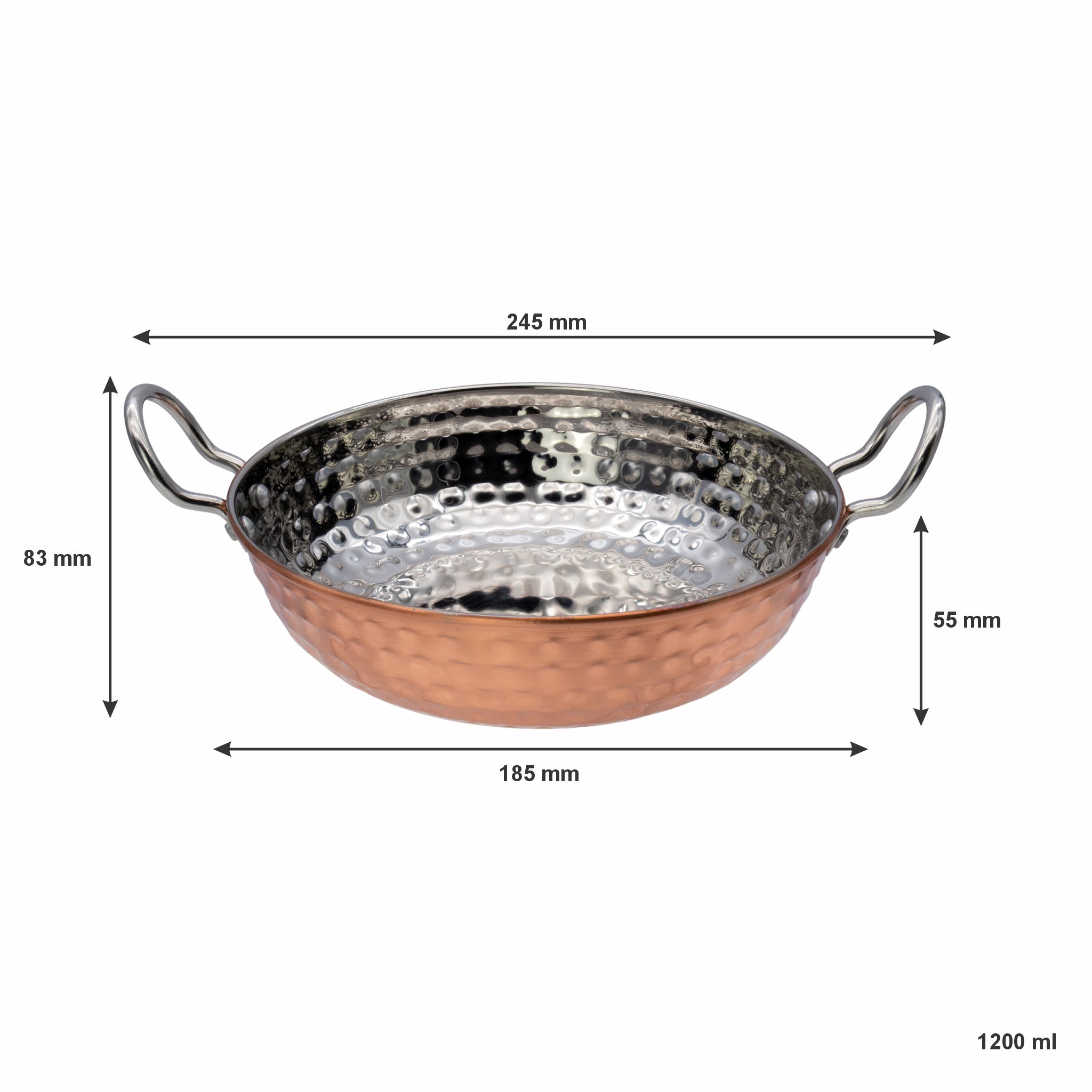 REGENT COOKWARE KARAHI PAN HAMMERED ST STEEL COPPER PLATED, 1.2L - 245/185MM DIAX55MM