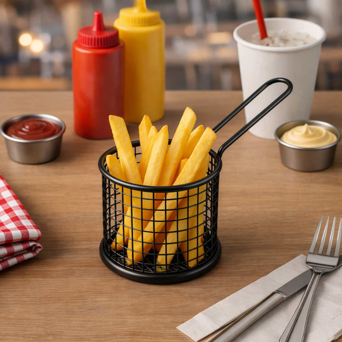 REGENT CHIP SERVER ROUND WIRE BASKET WITH HANDLE PC BLACK, 100MM DIA