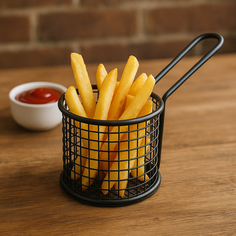 REGENT CHIP SERVER ROUND WIRE BASKET WITH HANDLE PC BLACK, (100MM DIA)