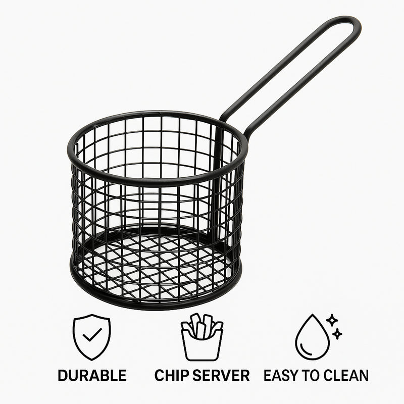 REGENT CHIP SERVER ROUND WIRE BASKET WITH HANDLE PC BLACK, (100MM DIA)
