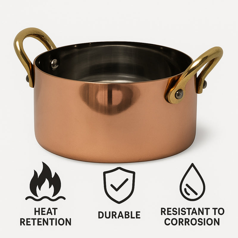 REGENT COOKWARE MINI POT ST STEEL CU PLATED WITH 2 BRASS HANDLES, 350ML (155/90MM DIAX52.5MM)